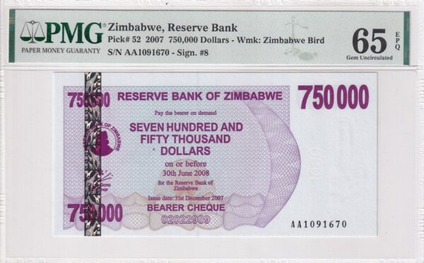 Simbabwe 750000 Dollar 2007 Pick Pick 52 UNC Vorderseite