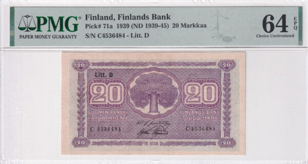 Finnland 20 Markkaa 1939 Pick P.71a UNC Vorderseite