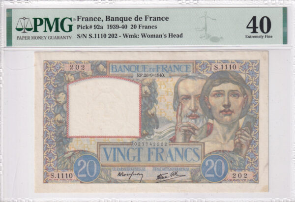 Frankreich 20 Francs 1940 Pick Pick 92a XF Vorderseite