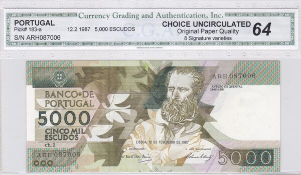 Portugal 5000 Escudos 1987 Pick Pick 183 UNC Vorderseite