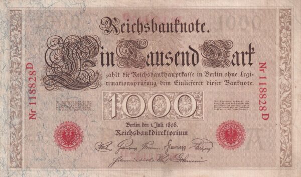 Deutsches Reich 1000 Mark 1898 Pick P-21 VF Vorderseite