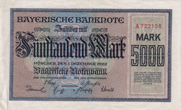 Deutsches Reich 5000 Mark 1922 Pick Pick S925 / Rosenberg BAY 6 XF Vorderseite