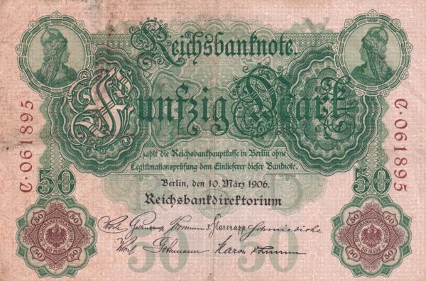 Deutsches Reich 50 Mark 1906 Pick 26a VF Vorderseite