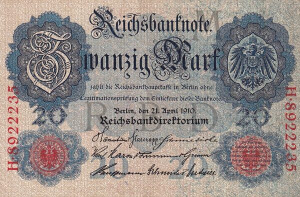 Deutsches Reich 20 Mark 1910 Pick P-40b VF Vorderseite