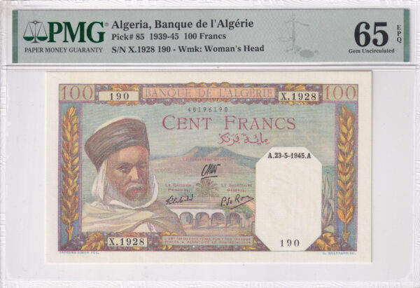 Algerien 100 Francs 1945 Pick 85 UNC Vorderseite