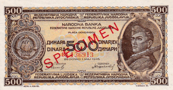 Jugoslawien 500 Dinara 1946 Pick 66 - SPECIMEN UNC Vorderseite