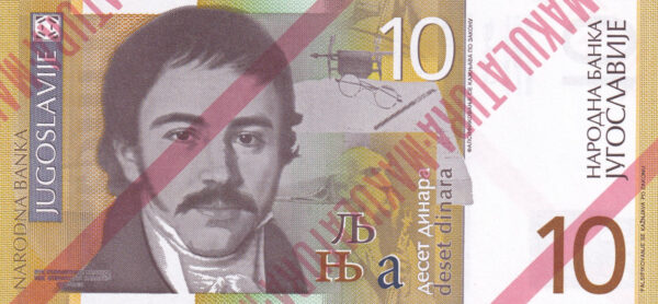 Jugoslawien 10 dinara 2000 Pick 153 - proof designed UNC Vorderseite