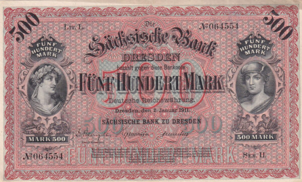 Deutsches Reich 500 Mark 1911 Pick S953b XF Vorderseite