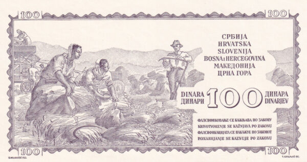 Jugoslawien 100 DINARA 1955 Pick P.68 - Probedruck aUNC Vorderseite
