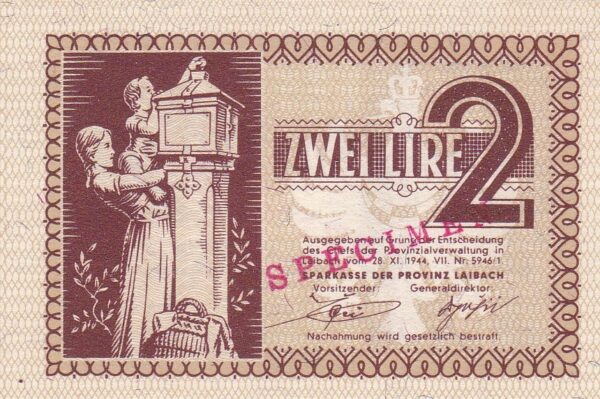 Slowenien 2 Lire Specimen 1944 Pick R3s UNC Vorderseite