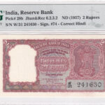 Indien 2 Rupees 1957 Pick 29b AU/UNC Vorderseite