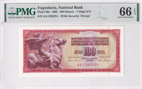Jugoslawien 100 Dinara 1965 Pick 80c UNC Vorderseite