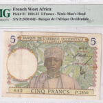 Französisch-Westafrika 5 Francs 1937 Pick 21 VF Vorderseite