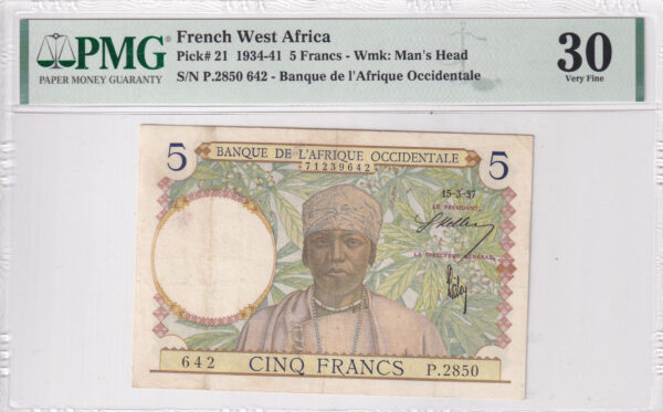 Französisch-Westafrika 5 Francs 1937 Pick 21 VF Vorderseite